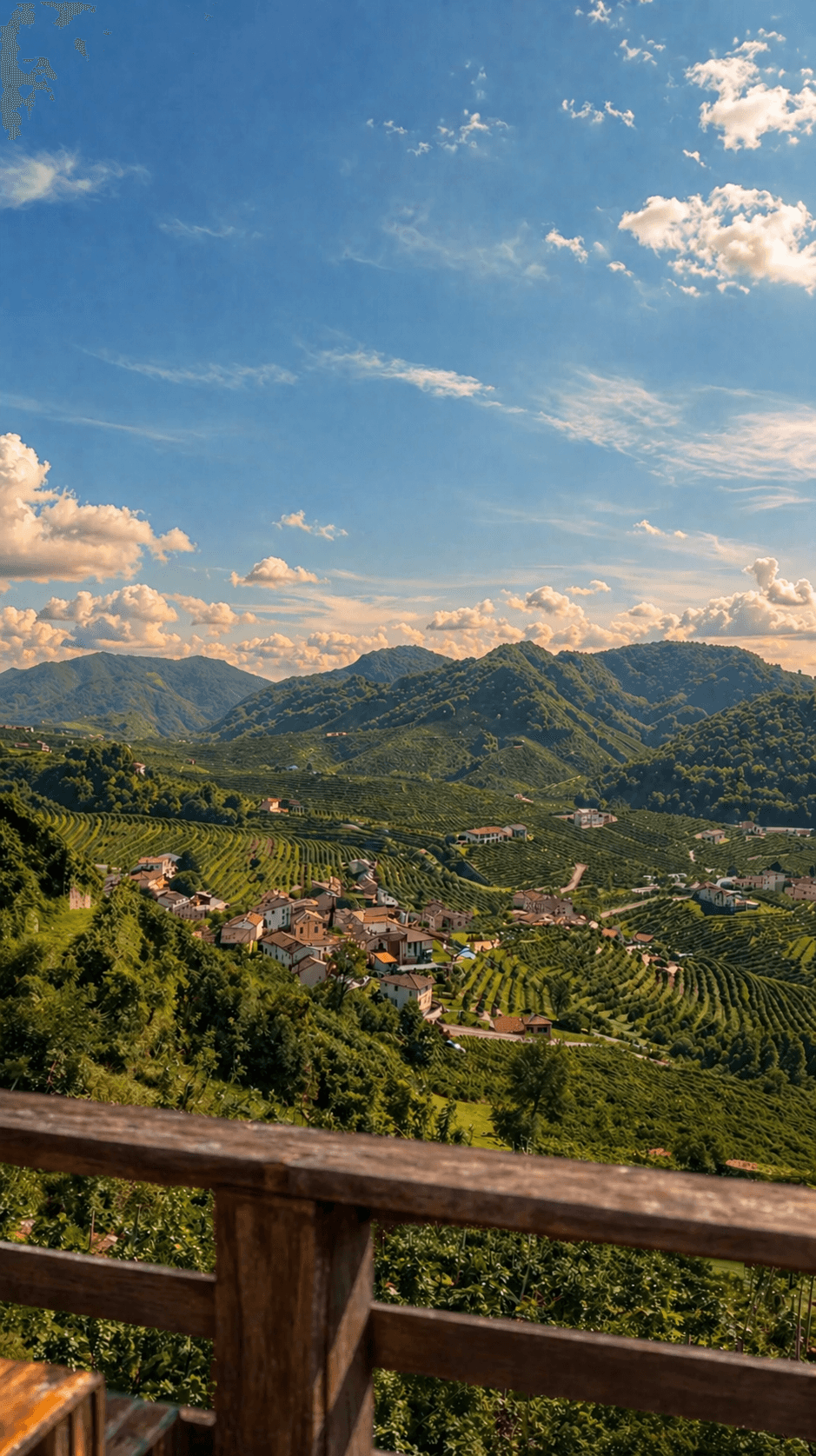 The Prosecco hills seen from a wooden terrace, a village among the vineyards